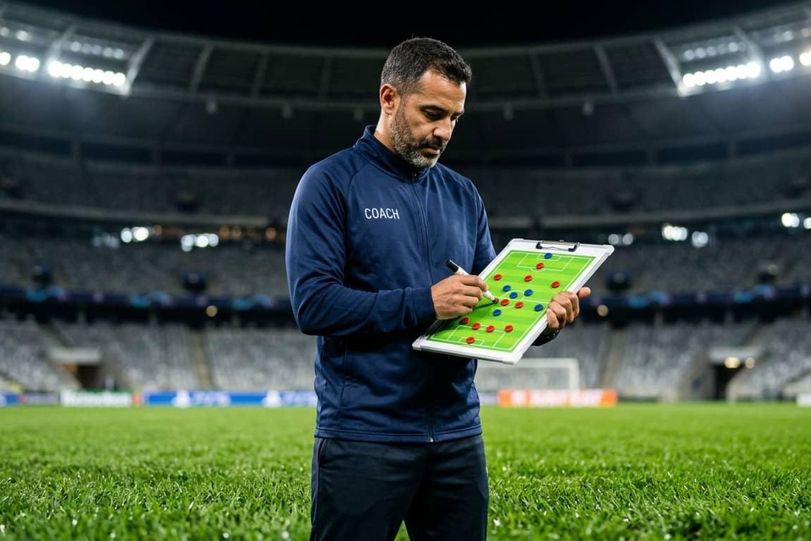 Entrenador analizando la pizarra táctica antes del partido